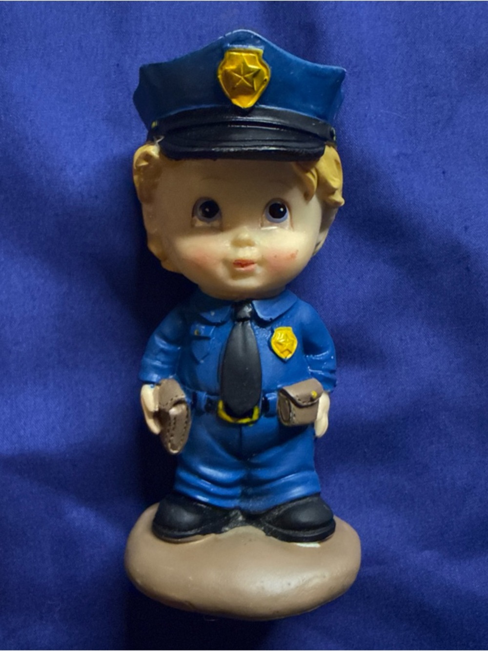 Tender Times- Little Boy in Police Uniform Hand Painted Ceramic 4"